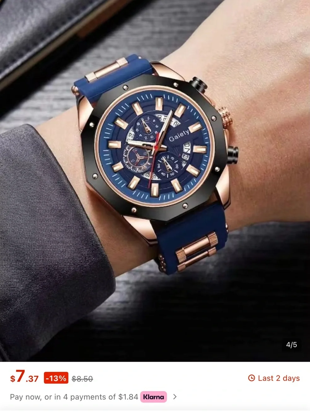 Men's Blue Silicone Strap Chronograph Watch Lightweight Navy & Rose Gold